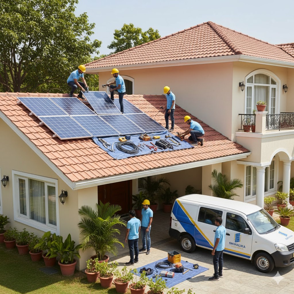Shivalika Cleantech team installing rooftop solar panels